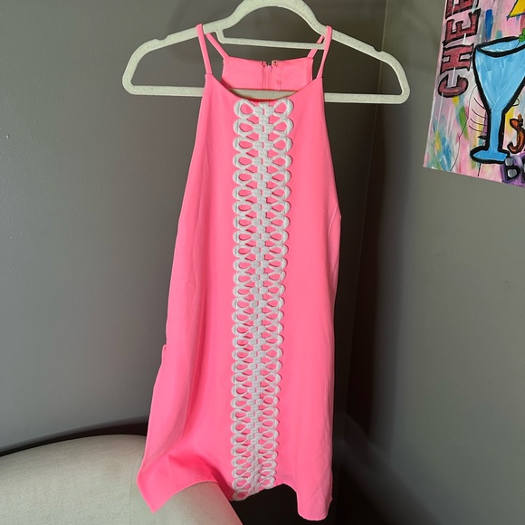 Lilly Pulitzer Vibrant Pink Dress with Elegant White Lace - Picture 1 of 5
